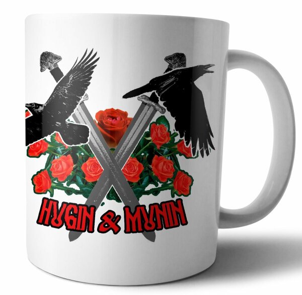Odins Raben Hugin Munin mit Rosen und Schwerter - Tasse