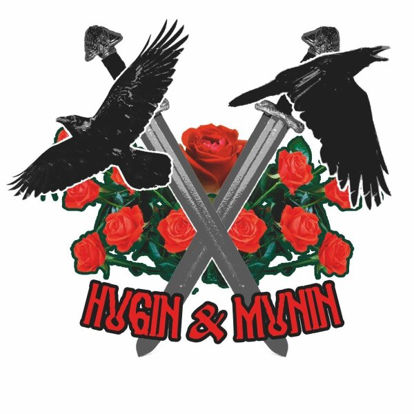 Aufkleber Hugin und Munin Odins Raben mit Schwerter und Rosen