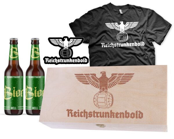 Reichstrunkenbold Geschenkbox mit Tshirt Aufkleber und Bier